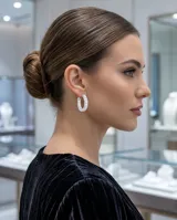 Aros tipo argolla de plata 925, decorados con circonias en corte baguette engastadas en toda la superficie frontal y posterior.