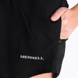 Short deportivo negro marca Merrell, con cintura elástica ajustable, bolsillos laterales con cierre y logo estampado en la pierna izquierda.