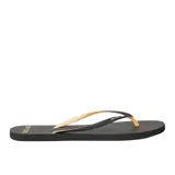 Ojotas negras Rip Curl Premium Surf Bloom Open Toe, con tiras finas color dorado.