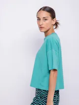 Remera negra de corte crop con mangas cortas y cuello redondo con ribete de flores. Estampado de flores rosas en el pecho.