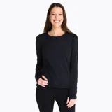 Remera de manga larga técnica Merrell, color negro, con cuello redondo, costuras planas y orificios para el pulgar en los puños. Presenta logo de la marca estampado en el pecho y detalles reflectantes.