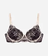 Soutien modelo media taza de la marca Lov, confeccionado en encaje floral negro con detalles en color crema. Cuenta con aros para mayor soporte, copas forradas y breteles ajustables.