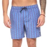 Short de baño Quiksilver modelo Daysiquard de color azul, con estampado de rayas verticales y flores. Presenta cintura elástica con cordón de ajuste, bolsillos laterales y bolsillo trasero.
