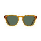 Lentes de sol con marco cuadrado color miel, hechos de madera y eco acetato, con lentes verdes.