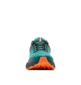 Calzado de trekking Columbia modelo Konos Trs Outdry, color verde azulado con detalles en negro y suela naranja. Diseñado para senderismo con tecnología impermeable OutDry y suela Omni-Max para mayor tracción y amortiguación.
