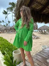 Vestido camisero corto color verde manzana, con cuello camisero, mangas largas con puños abotonados, cierre frontal con botones a tono y falda fruncida con volantes.