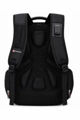 Mochila urbana Swissgear de color negro, con múltiples compartimentos con cierre, asa superior reforzada y bolsillos laterales de malla.