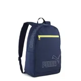 Mochila Puma color azul marino con bolsillo frontal con cierre en color amarillo neón. Presenta el logo de la marca y la palabra 'ORIGINAL' estampados en blanco.