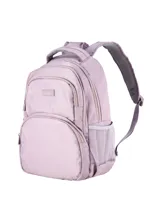 Mochila de diseño moderno y funcional en color lila, con compartimento principal amplio, bolsillo frontal con cierre, bolsillos laterales de red y correas acolchadas ajustables con panel trasero respirable.