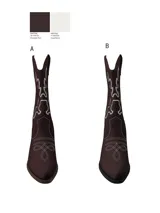 Botas estilo cowboy de caña media, color negro, con punta definida y taco cuadrado. Presentan costuras decorativas en color blanco que forman patrones geométricos en la caña y el empeine.