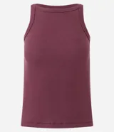 Blusa musculosa básica de color negro, confeccionada en tejido acanalado de algodón con elastano, con cuello redondo y diseño ajustado.