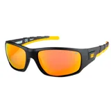 Lentes de sol deportivos Caterpillar modelo Motor, con armazón negro y detalles en amarillo. Presentan lentes polarizados con acabado espejado en tono naranja y protección UVA+B.