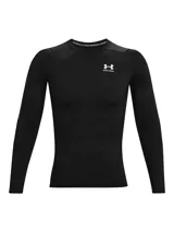 Remera de compresión Under Armour de manga larga, color negro, con cuello redondo y logo de la marca estampado en el pecho. Diseñada con tecnología HeatGear para absorción de sudor y paneles de malla para ventilación.