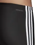 Malla de natación Adidas negra con tres rayas blancas en los laterales y logo estampado en la pierna izquierda.