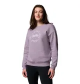 Buzo de cuello redondo color lila, con estampado circular de la marca Columbia en el pecho. Presenta puños, cuello y dobladillo acanalados.