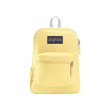 Mochila Jansport color amarillo con logo de la marca en el frente, bolsillo frontal con cierre y bolsillo lateral de malla.