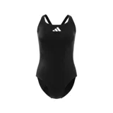 Malla enteriza deportiva Adidas color negro, con diseño de espalda cruzada y logo de la marca estampado en blanco en el pecho.