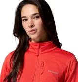 Campera polar Columbia Essential Hike Grid Omni-Wick color rojo, con cuello alto, cierre frontal completo, bolsillos laterales y un bolsillo con cierre en el pecho.