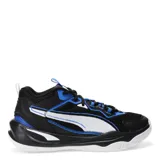 Championes de básquet Puma Basket Playmaker, con diseño de caña media. Presentan una combinación de colores negro, azul y blanco, con el logo de la marca en el lateral y la lengüeta. Confeccionados con una mezcla de malla textil y cuero sintético, cuentan con una suela de goma resistente y entresuela de espuma para mayor amortiguación.