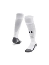 Medias de fútbol Under Armour Magnetico 1PK OTC, de caña alta, color blanco con detalles en negro y gris. Cuentan con amortiguación en el pie y talón, paneles de malla transpirable y soporte de arco.