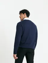 Sweater de punto color ladrillo con cuello en V y mangas largas.