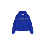 Cardigan de punto azul con cierre frontal de cremallera, capucha y bolsillos delanteros tipo canguro. Presenta el logotipo de la marca bordado en el pecho en color blanco.