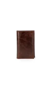 Billetera vertical de cuero negro, con diseño de tres cuerpos, dos divisiones para billetes, ocho espacios para tarjetas y un visor.