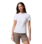 Remera de senderismo Columbia Diamond Peak, de color blanco y manga corta, con tecnología Omni-Freeze y Omni-Shade para protección solar y enfriamiento avanzado.