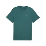 Remera de algodón color verde esmeralda, de corte clásico con cuello redondo y mangas cortas. Presenta el logo de la marca Puma estampado en el pecho en un tono más oscuro.