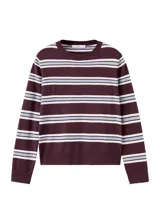 Sweater de punto con diseño de rayas horizontales en tonos bordó, azul claro y blanco, cuello redondo y mangas largas.
