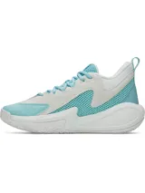 Championes de básquetbol Under Armour Curry 3Z 25 SDE, con diseño en tonos blanco y celeste. Presentan una combinación de cuero y malla transpirable en la parte superior, entresuela con tecnología Charged Cushioning para mayor amortiguación y suela de goma con patrón de tracción anatómico.