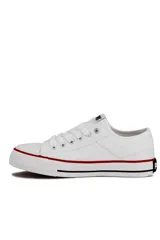 Championes deportivos Pony modelo GM 877 de lona blanca, con cordones y suela de goma con líneas decorativas en rojo y negro.