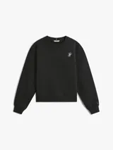 Buzo negro de cuello redondo con corte regular, confeccionado en mezcla de algodón y poliéster reciclado. Presenta puños y cintura acanalados, manga larga y logo script bordado en el pecho.