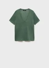 Camiseta de lino color verde con escote en V y mangas cortas, de diseño recto.