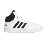 Zapatillas Adidas Hoops 3.0 Mid de caña media, color blanco con detalles en negro, con las tres tiras clásicas de Adidas en los laterales y suela de goma cosida.