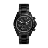 Reloj Fossil Autocross de estilo deportivo con caja y malla de acero inoxidable en color negro. Presenta una esfera negra con subesferas multifunción, indicador de día de la semana y doble horario, con movimiento de cuarzo y bisel con escala taquimétrica.