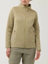 Campera polar de cierre completo con cuello alto, confeccionada en tejido texturizado. Presenta un bolsillo con cierre en la manga izquierda y dos bolsillos laterales con cierre. Diseño funcional ideal para actividades al aire libre.
