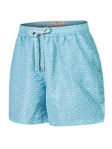 Short de baño celeste con estampado de pingüinos blancos, cintura elástica con cordón ajustable, bolsillos delanteros y traseros.