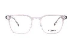 Lentes de receta Azzaro con armazón de acetato transparente y diseño cuadrado. Presentan detalles metálicos en las bisagras.
