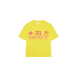 Remera amarilla oversize de manga corta con estampa frontal en color rojo que incluye el texto "emestudios", gráficos alusivos al sol y la leyenda "feel the power of the sun".