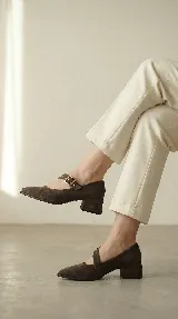 Zapato tipo Mary Jane de gamuza color marrón, con taco cuadrado medio y tira ajustable con hebilla metálica y ojalillos decorativos.
