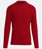 Suéter slim de punto color rojo, con textura acanalada, cuello redondo, mangas largas y puños ajustados.