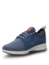 Championes casuales Hush Puppies modelo Spinal Knit, color azul marino. Presentan una combinación de tejido técnico transpirable en la puntera y laterales de cuero gamuzado. Incluyen cordones jaspeados, cuello tejido elástico y suela ergonómica de color blanco con tecnología Spinal para soporte postural.