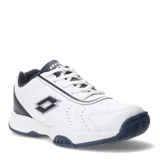 Championes deportivos Lotto de mujer, confeccionados en cuero sintético negro con detalles perforados y logo de la marca grabado en el lateral. Cuentan con cierre de cordones y suela de goma resistente.