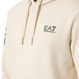 Canguro negro con capucha y cordones ajustables. Presenta el logo de la marca en el pecho y el nombre de la marca estampado en letras doradas a lo largo de la manga derecha. Cuenta con un bolsillo frontal tipo canguro.