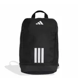 Botinera Adidas modelo Tiro Shoebag, color negro con el logo y las tres tiras características de la marca en blanco. Cuenta con un compartimento principal con cierre y una manija superior para facilitar su transporte.