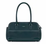 Cartera David Jones modelo Mauren de cuero sintético en color verde oscuro, con costuras blancas a la vista y doble asa de hombro.