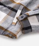 Campera de franela a cuadros con forro interno de sherpa, cierre frontal con botones, cuello camisero y bolsillos frontales en el pecho.
