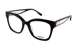 Armazón para anteojos Lancel modelo 90062, color negro con detalles en blanco en las patillas. Diseño cuadrado con bordes redondeados.
