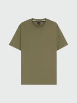 Remera de punto de algodón en color gris oscuro, con cuello redondo, mangas cortas y logo de la marca bordado discretamente en el pecho.